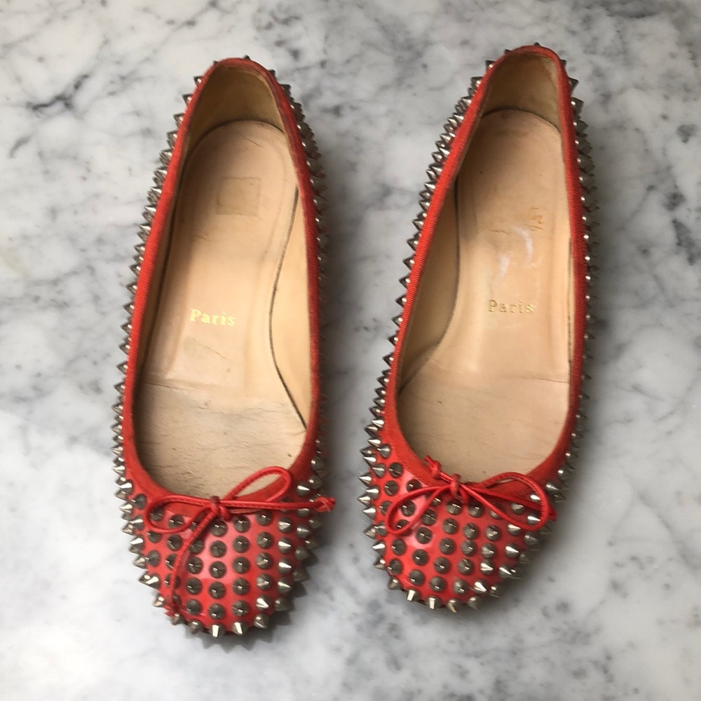 Christian Louboutin Red Studded Leather Flats